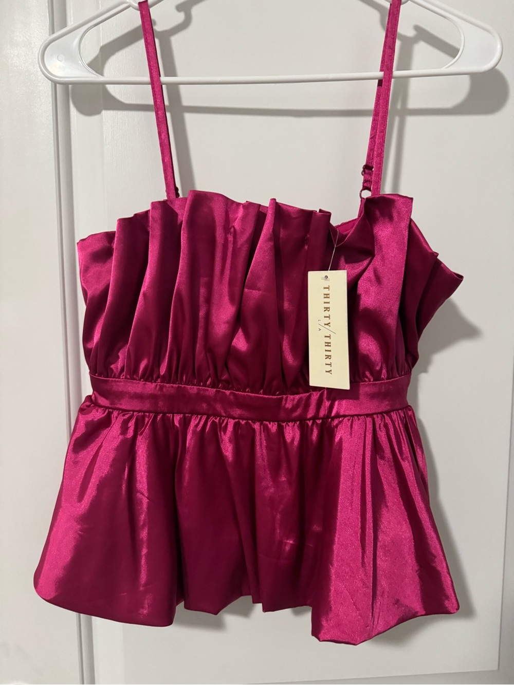 ThirtyThirty Satin Fuchsia Spaghetti-Strap Peplum Top